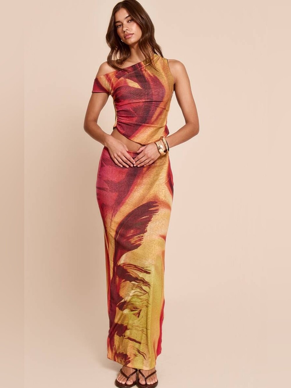 Multi Feather Print Onion Skin Low Rise Maxi Skirt Co-ord Size 4